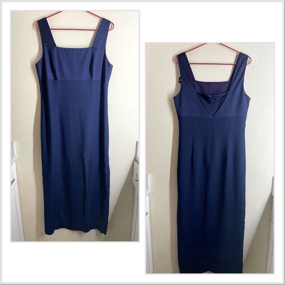 Donna Ricco Navy Blue Special Occassion Maxi Dress Square Neckline Side Slit